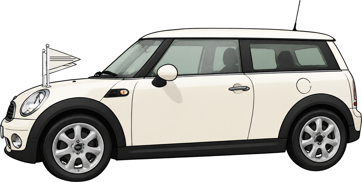 Tekening van de Minirouwauto met twee rouwvlaggetjes op de motorkap